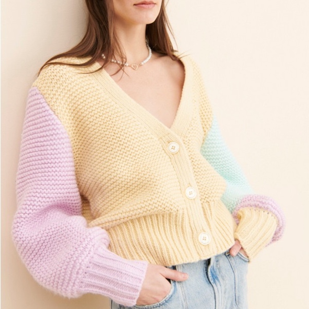 For Love and Lemons colorblock cardigan- XS XXS colorful chunky pastel cardigan